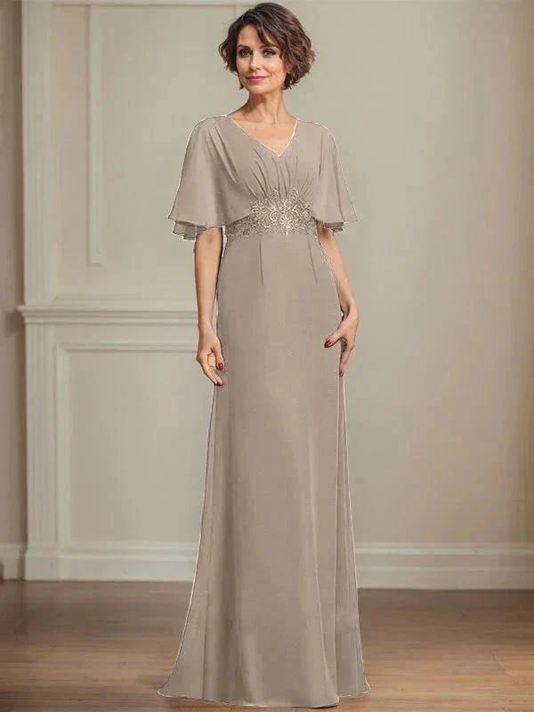 A-line V-Neck Floor-Length Chiffon Mother of the Bride Dress With Pleated Sequins Appliques Lace - Image 37