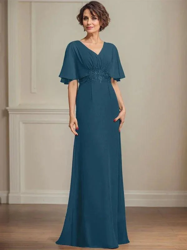 A-line V-Neck Floor-Length Chiffon Mother of the Bride Dress With Pleated Sequins Appliques Lace - Image 38