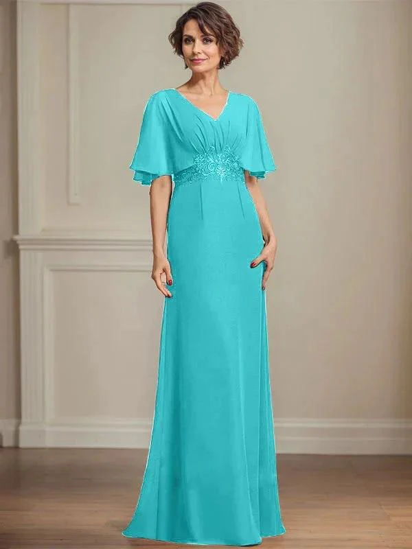 A-line V-Neck Floor-Length Chiffon Mother of the Bride Dress With Pleated Sequins Appliques Lace - Image 39