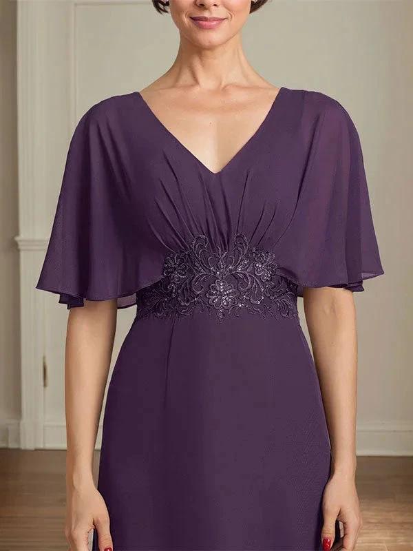 A-line V-Neck Floor-Length Chiffon Mother of the Bride Dress With Pleated Sequins Appliques Lace - Image 4