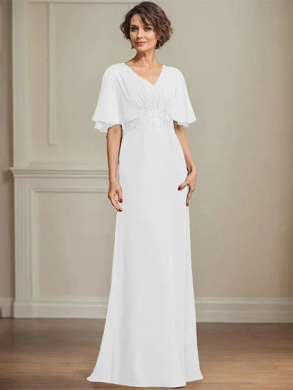 A-line V-Neck Floor-Length Chiffon Mother of the Bride Dress With Pleated Sequins Appliques Lace - Image 40