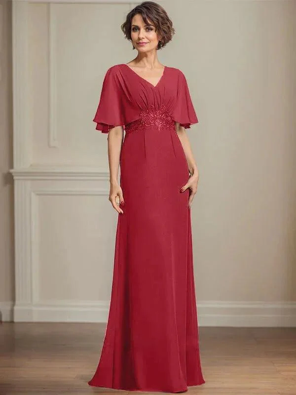 A-line V-Neck Floor-Length Chiffon Mother of the Bride Dress With Pleated Sequins Appliques Lace - Image 41