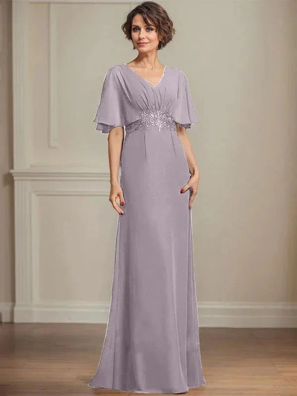 A-line V-Neck Floor-Length Chiffon Mother of the Bride Dress With Pleated Sequins Appliques Lace - Image 42