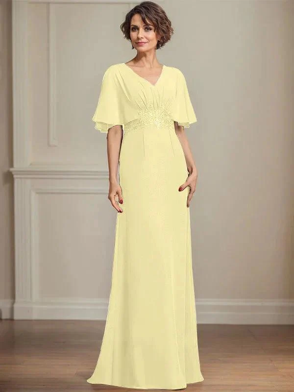 A-line V-Neck Floor-Length Chiffon Mother of the Bride Dress With Pleated Sequins Appliques Lace - Image 43