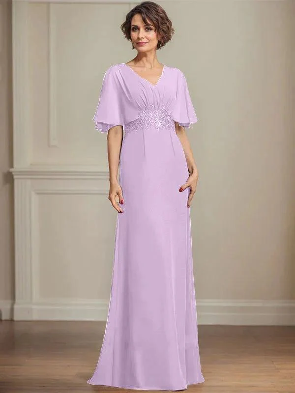 A-line V-Neck Floor-Length Chiffon Mother of the Bride Dress With Pleated Sequins Appliques Lace - Image 44