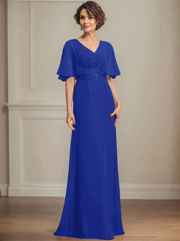 A-line V-Neck Floor-Length Chiffon Mother of the Bride Dress With Pleated Sequins Appliques Lace - Image 45