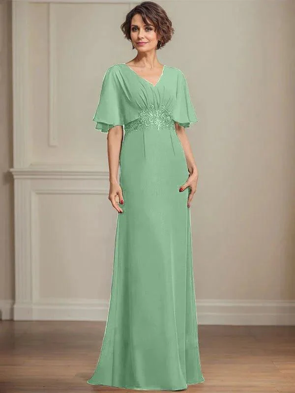 A-line V-Neck Floor-Length Chiffon Mother of the Bride Dress With Pleated Sequins Appliques Lace - Image 46