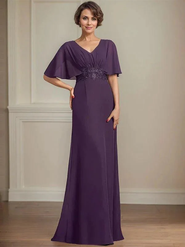 A-line V-Neck Floor-Length Chiffon Mother of the Bride Dress With Pleated Sequins Appliques Lace - Image 5