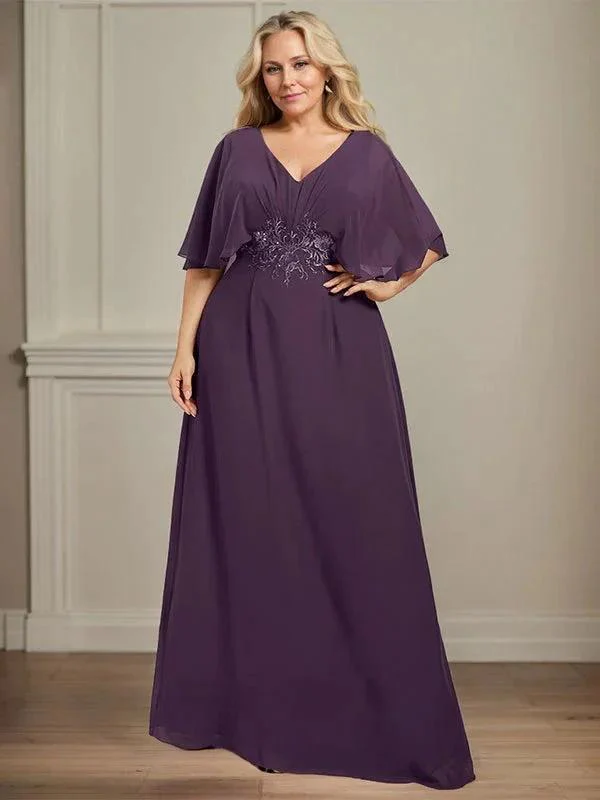 A-line V-Neck Floor-Length Chiffon Mother of the Bride Dress With Pleated Sequins Appliques Lace - Image 6
