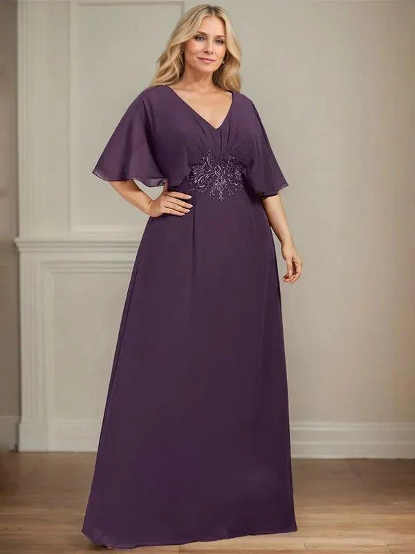 A-line V-Neck Floor-Length Chiffon Mother of the Bride Dress With Pleated Sequins Appliques Lace - Image 7