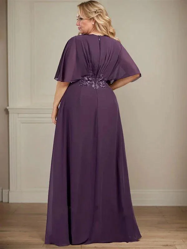 A-line V-Neck Floor-Length Chiffon Mother of the Bride Dress With Pleated Sequins Appliques Lace - Image 8