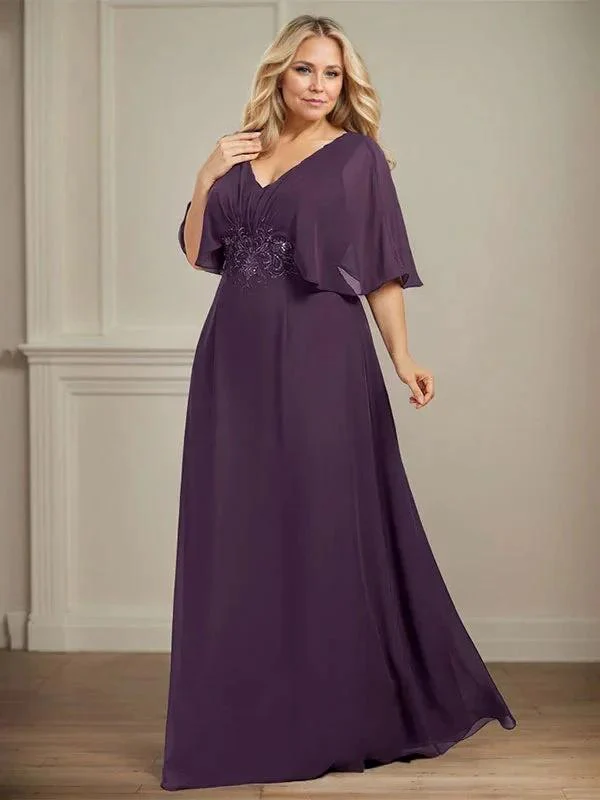 A-line V-Neck Floor-Length Chiffon Mother of the Bride Dress With Pleated Sequins Appliques Lace - Image 9