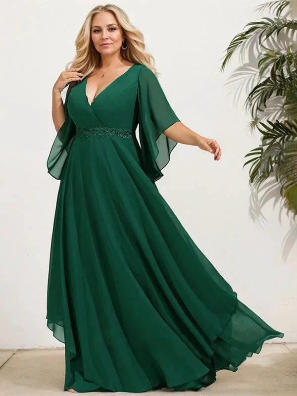 A-line V-Neck Floor-Length Chiffon Mother of the Bride Dress With Sequins Appliques Lace Beading - Image 10