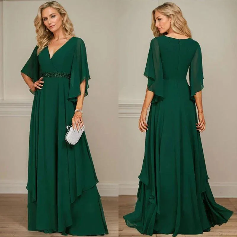 A-line V-Neck Floor-Length Chiffon Mother of the Bride Dress With Sequins Appliques Lace Beading - Image 12