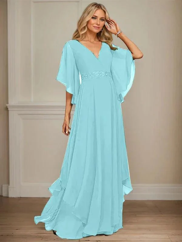 A-line V-Neck Floor-Length Chiffon Mother of the Bride Dress With Sequins Appliques Lace Beading - Image 13