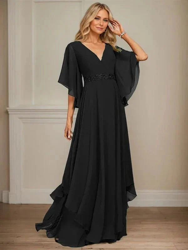 A-line V-Neck Floor-Length Chiffon Mother of the Bride Dress With Sequins Appliques Lace Beading - Image 14