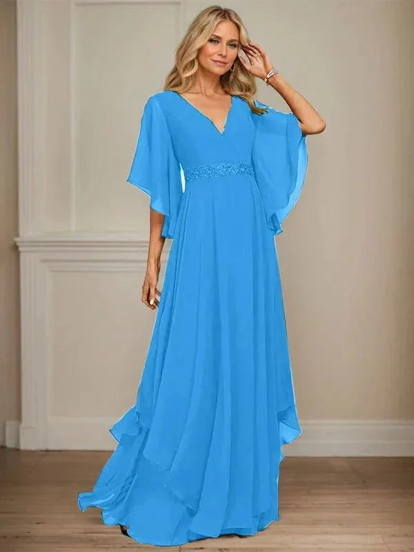 A-line V-Neck Floor-Length Chiffon Mother of the Bride Dress With Sequins Appliques Lace Beading - Image 15