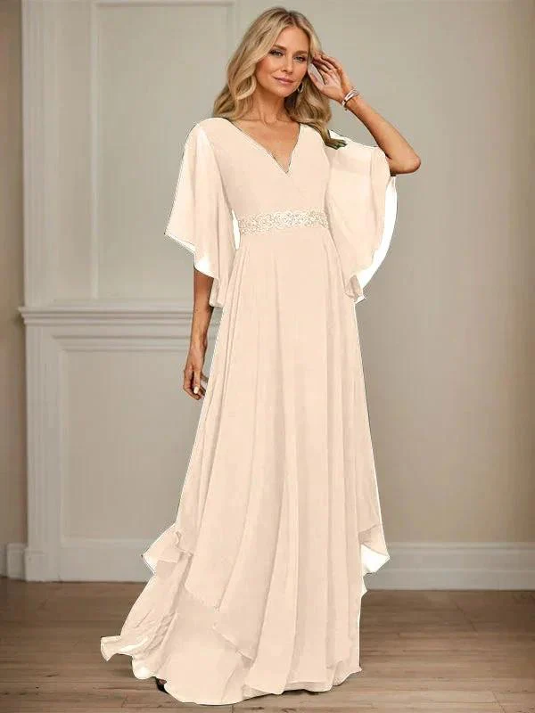 A-line V-Neck Floor-Length Chiffon Mother of the Bride Dress With Sequins Appliques Lace Beading - Image 16