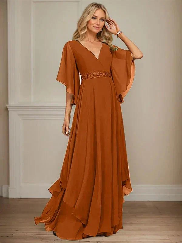 A-line V-Neck Floor-Length Chiffon Mother of the Bride Dress With Sequins Appliques Lace Beading - Image 17