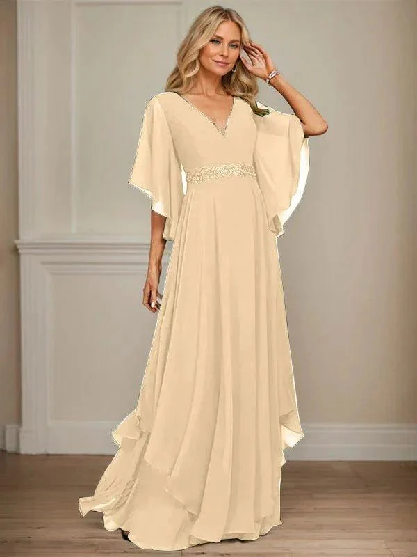 A-line V-Neck Floor-Length Chiffon Mother of the Bride Dress With Sequins Appliques Lace Beading - Image 18