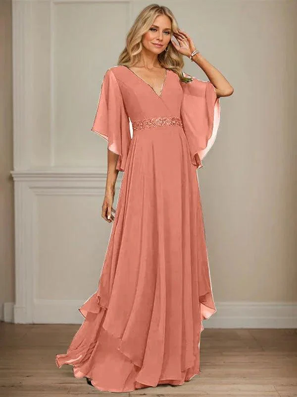 A-line V-Neck Floor-Length Chiffon Mother of the Bride Dress With Sequins Appliques Lace Beading - Image 19