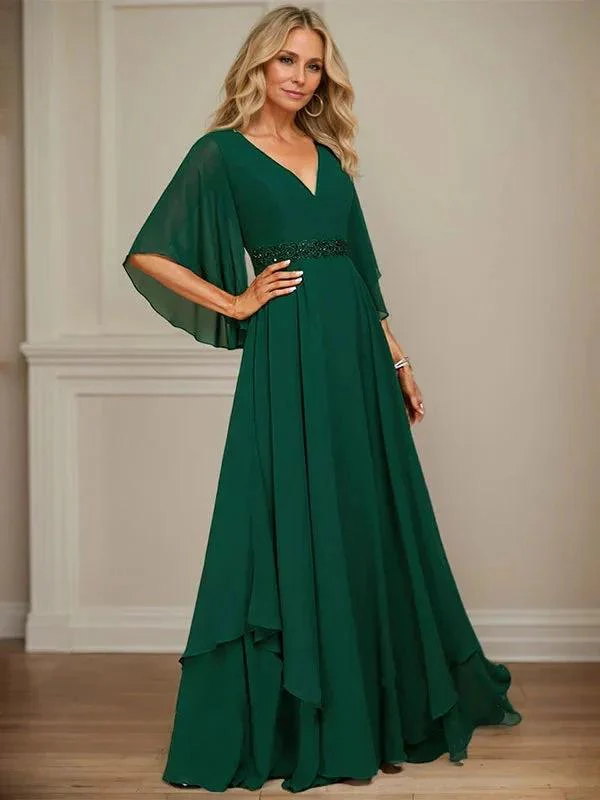 A-line V-Neck Floor-Length Chiffon Mother of the Bride Dress With Sequins Appliques Lace Beading - Image 2