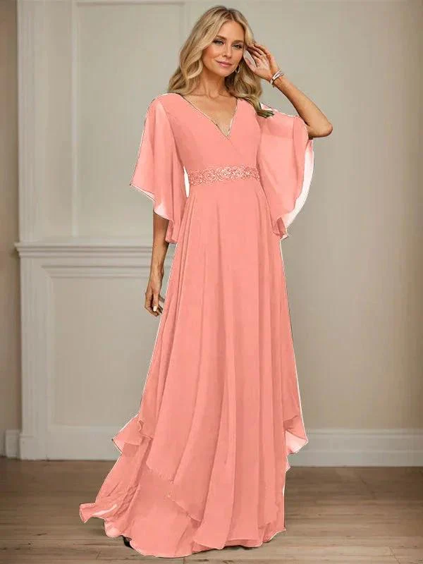 A-line V-Neck Floor-Length Chiffon Mother of the Bride Dress With Sequins Appliques Lace Beading - Image 20