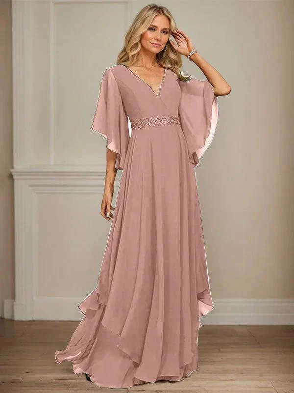 A-line V-Neck Floor-Length Chiffon Mother of the Bride Dress With Sequins Appliques Lace Beading - Image 21