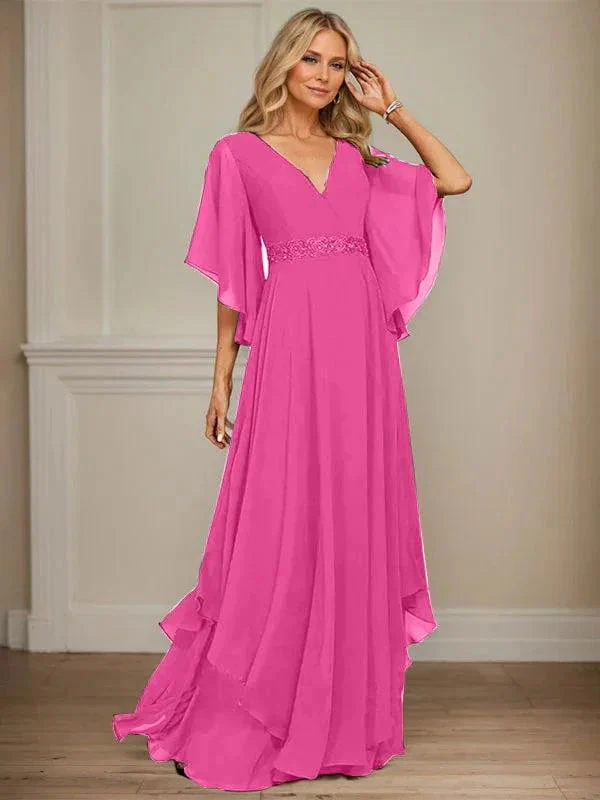 A-line V-Neck Floor-Length Chiffon Mother of the Bride Dress With Sequins Appliques Lace Beading - Image 22
