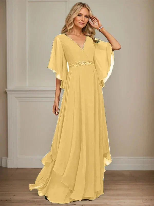 A-line V-Neck Floor-Length Chiffon Mother of the Bride Dress With Sequins Appliques Lace Beading - Image 23