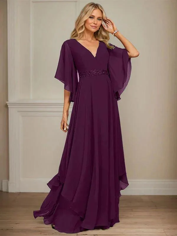 A-line V-Neck Floor-Length Chiffon Mother of the Bride Dress With Sequins Appliques Lace Beading - Image 24