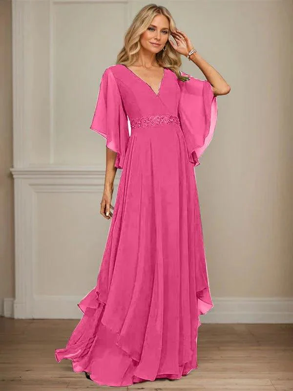 A-line V-Neck Floor-Length Chiffon Mother of the Bride Dress With Sequins Appliques Lace Beading - Image 25