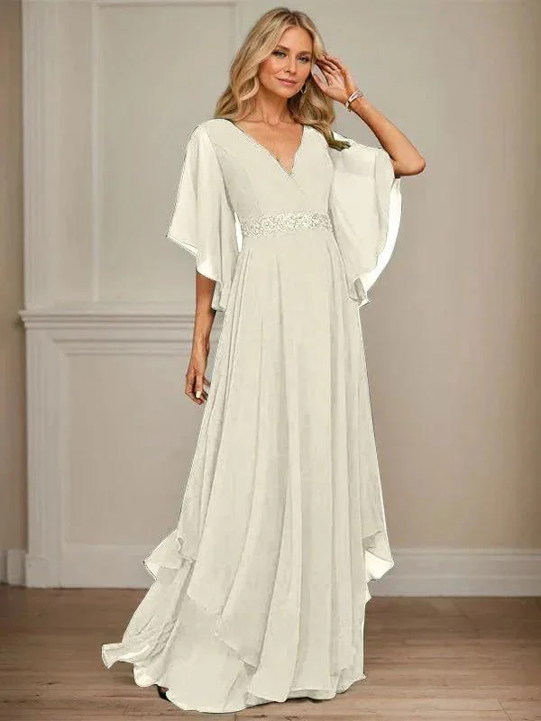 A-line V-Neck Floor-Length Chiffon Mother of the Bride Dress With Sequins Appliques Lace Beading - Image 26