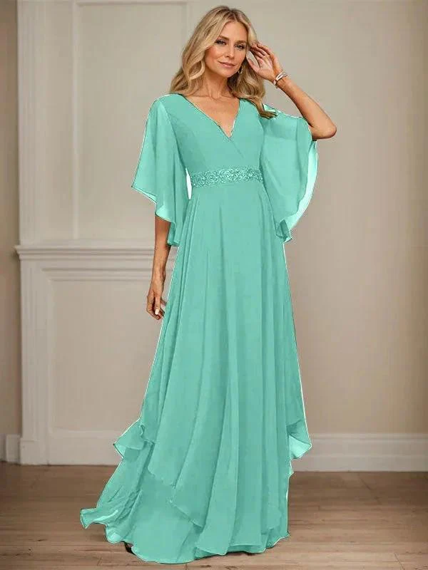 A-line V-Neck Floor-Length Chiffon Mother of the Bride Dress With Sequins Appliques Lace Beading - Image 27