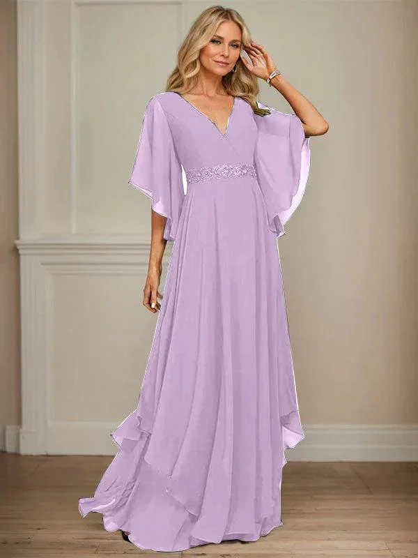 A-line V-Neck Floor-Length Chiffon Mother of the Bride Dress With Sequins Appliques Lace Beading - Image 28