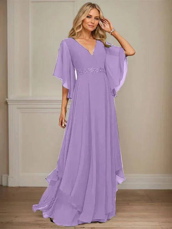 A-line V-Neck Floor-Length Chiffon Mother of the Bride Dress With Sequins Appliques Lace Beading - Image 29