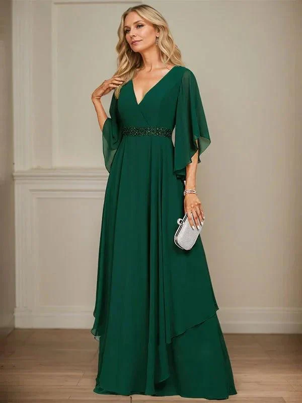 A-line V-Neck Floor-Length Chiffon Mother of the Bride Dress With Sequins Appliques Lace Beading - Image 3