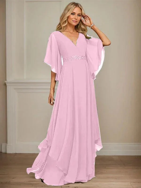 A-line V-Neck Floor-Length Chiffon Mother of the Bride Dress With Sequins Appliques Lace Beading - Image 30