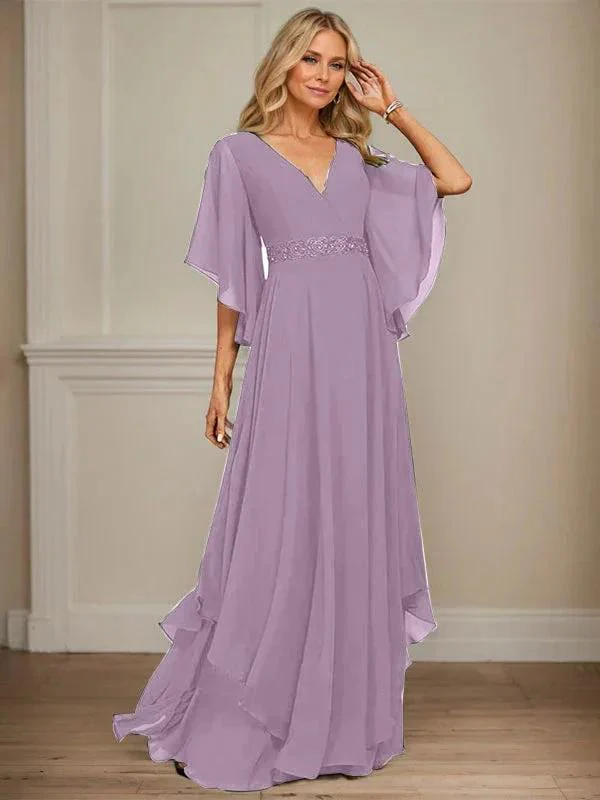 A-line V-Neck Floor-Length Chiffon Mother of the Bride Dress With Sequins Appliques Lace Beading - Image 31