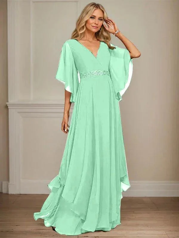 A-line V-Neck Floor-Length Chiffon Mother of the Bride Dress With Sequins Appliques Lace Beading - Image 32