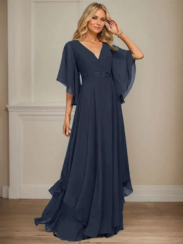 A-line V-Neck Floor-Length Chiffon Mother of the Bride Dress With Sequins Appliques Lace Beading - Image 33