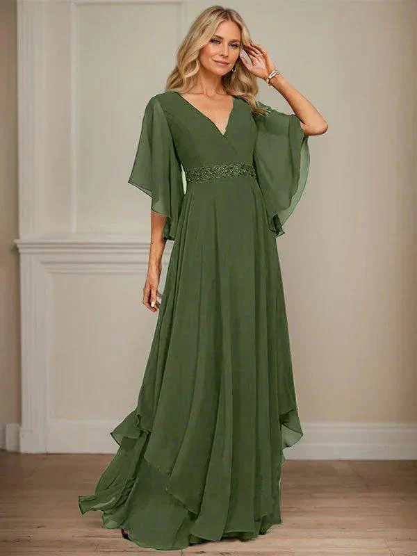 A-line V-Neck Floor-Length Chiffon Mother of the Bride Dress With Sequins Appliques Lace Beading - Image 34