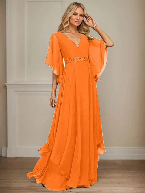 A-line V-Neck Floor-Length Chiffon Mother of the Bride Dress With Sequins Appliques Lace Beading - Image 35