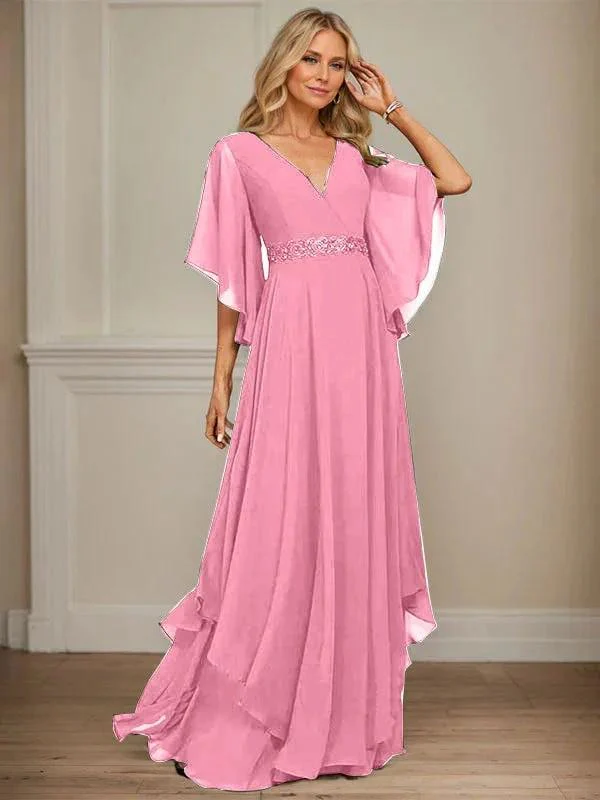 A-line V-Neck Floor-Length Chiffon Mother of the Bride Dress With Sequins Appliques Lace Beading - Image 37
