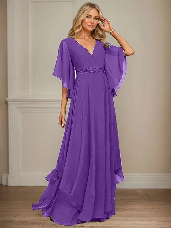 A-line V-Neck Floor-Length Chiffon Mother of the Bride Dress With Sequins Appliques Lace Beading - Image 38