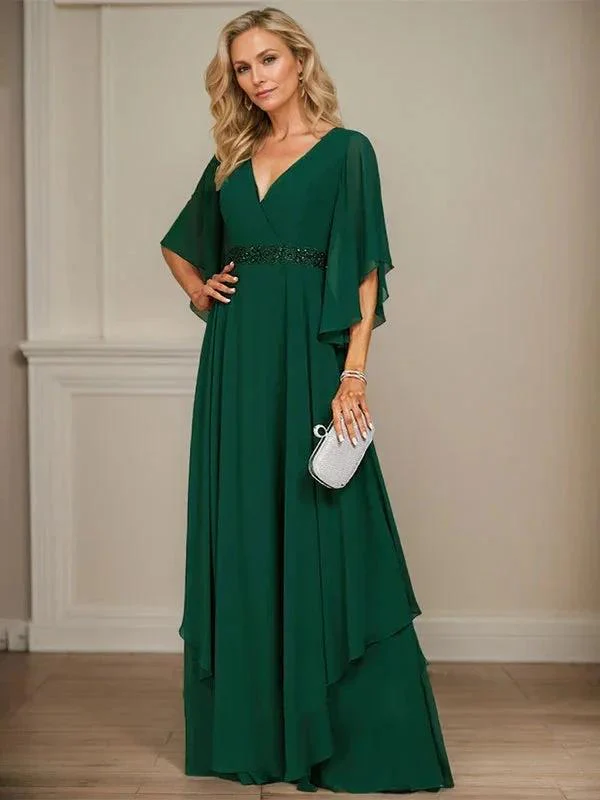A-line V-Neck Floor-Length Chiffon Mother of the Bride Dress With Sequins Appliques Lace Beading - Image 4