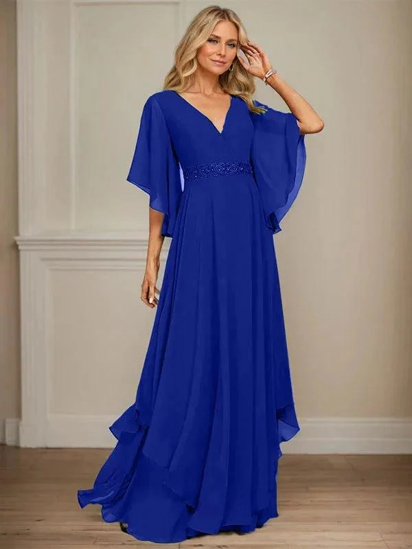 A-line V-Neck Floor-Length Chiffon Mother of the Bride Dress With Sequins Appliques Lace Beading - Image 40
