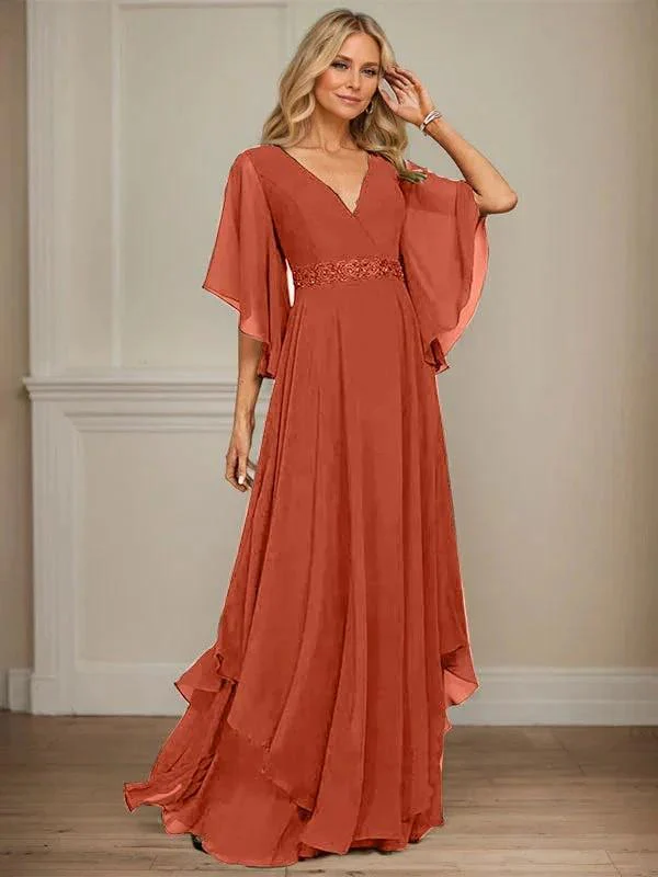 A-line V-Neck Floor-Length Chiffon Mother of the Bride Dress With Sequins Appliques Lace Beading - Image 41