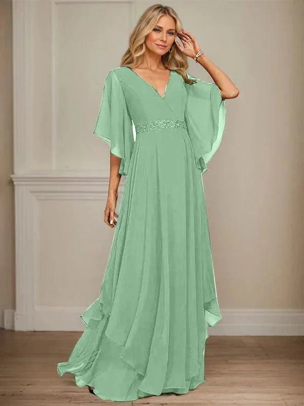 A-line V-Neck Floor-Length Chiffon Mother of the Bride Dress With Sequins Appliques Lace Beading - Image 42
