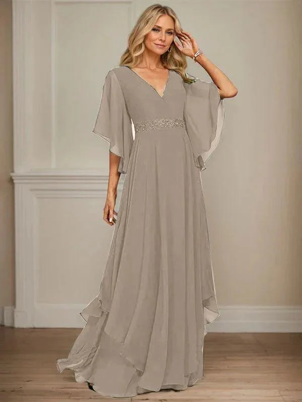 A-line V-Neck Floor-Length Chiffon Mother of the Bride Dress With Sequins Appliques Lace Beading - Image 43